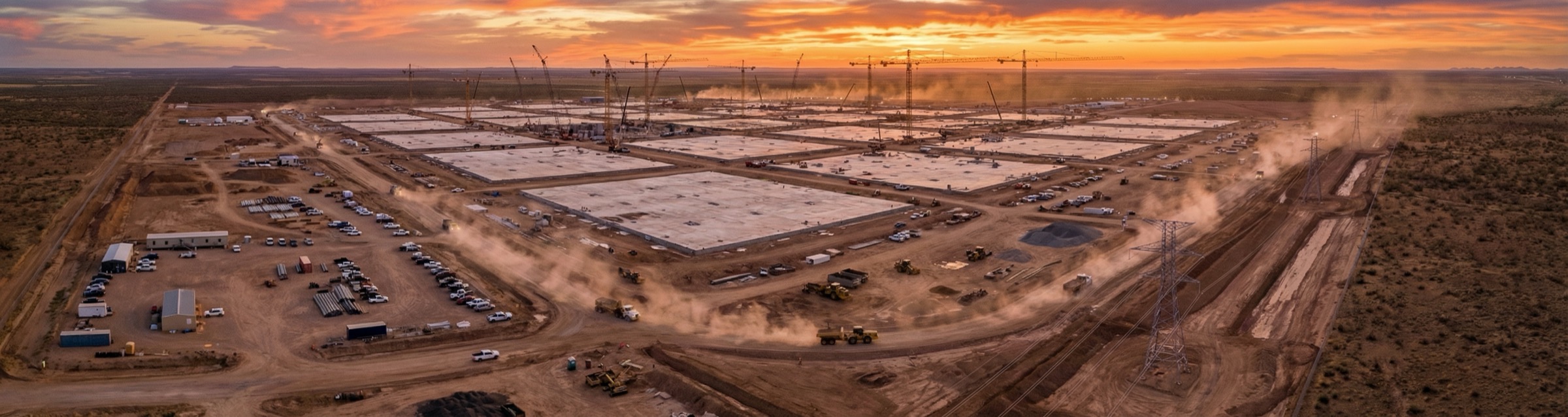 Large-scale data center construction at sunset