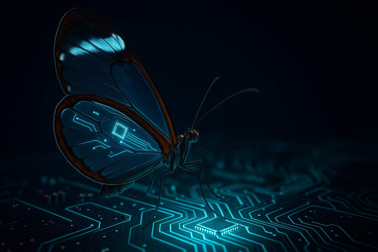 Abstract glasswing butterfly with transparent wings revealing neural circuits beneath, cyan and violet lighting