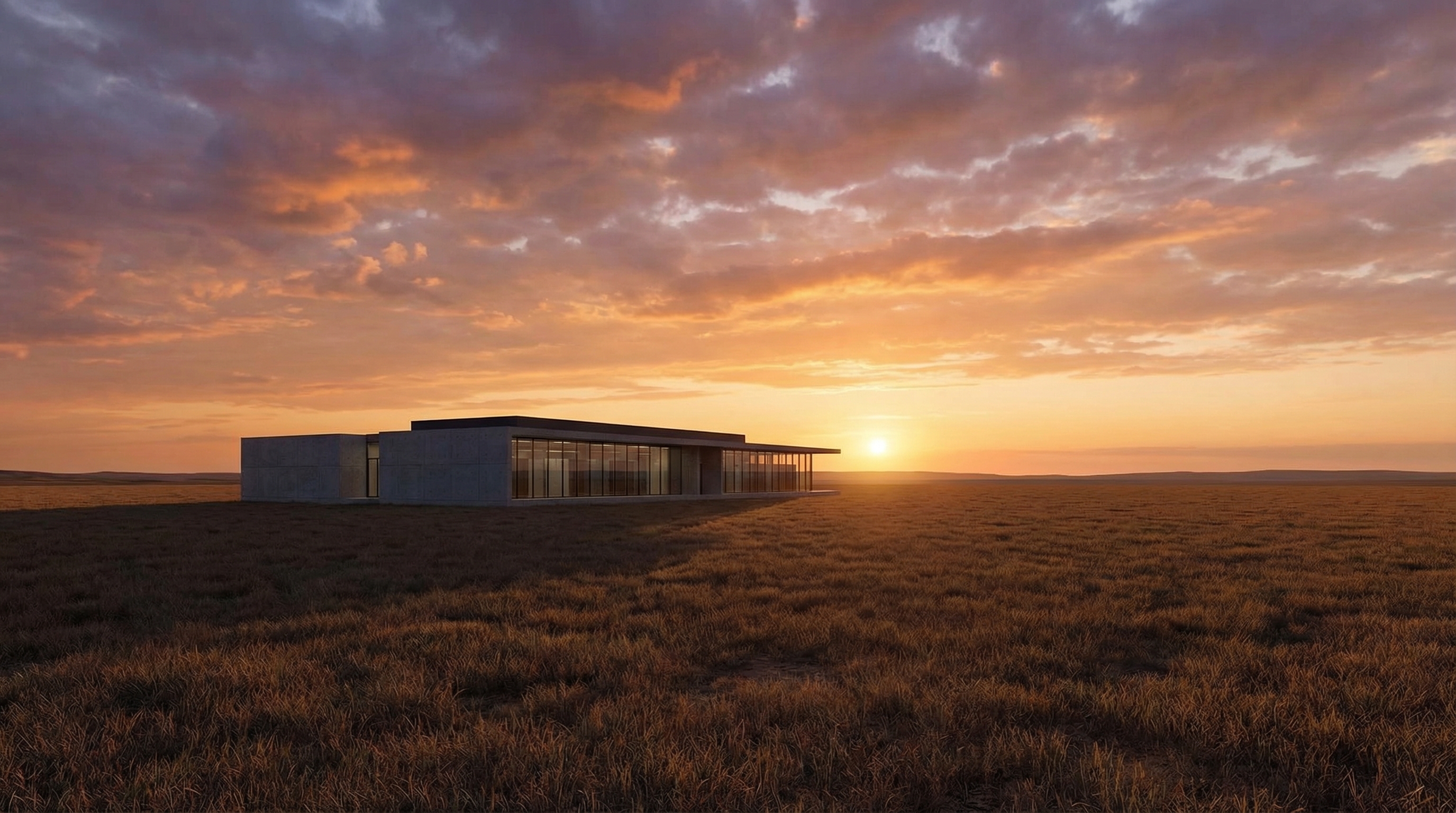 Data center building on the horizon at golden hour