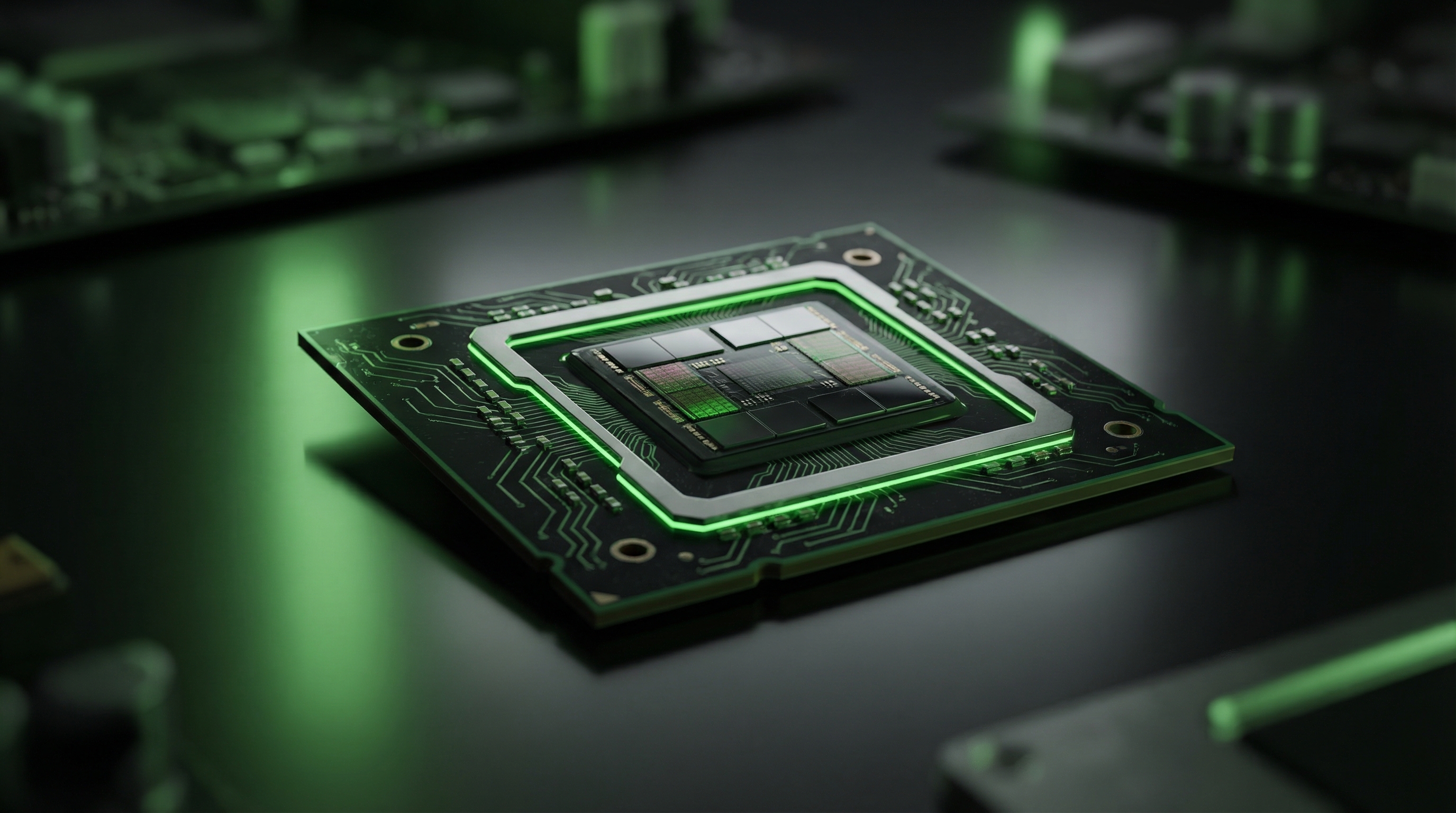 GPU chip with green accent lighting on a dark reflective surface