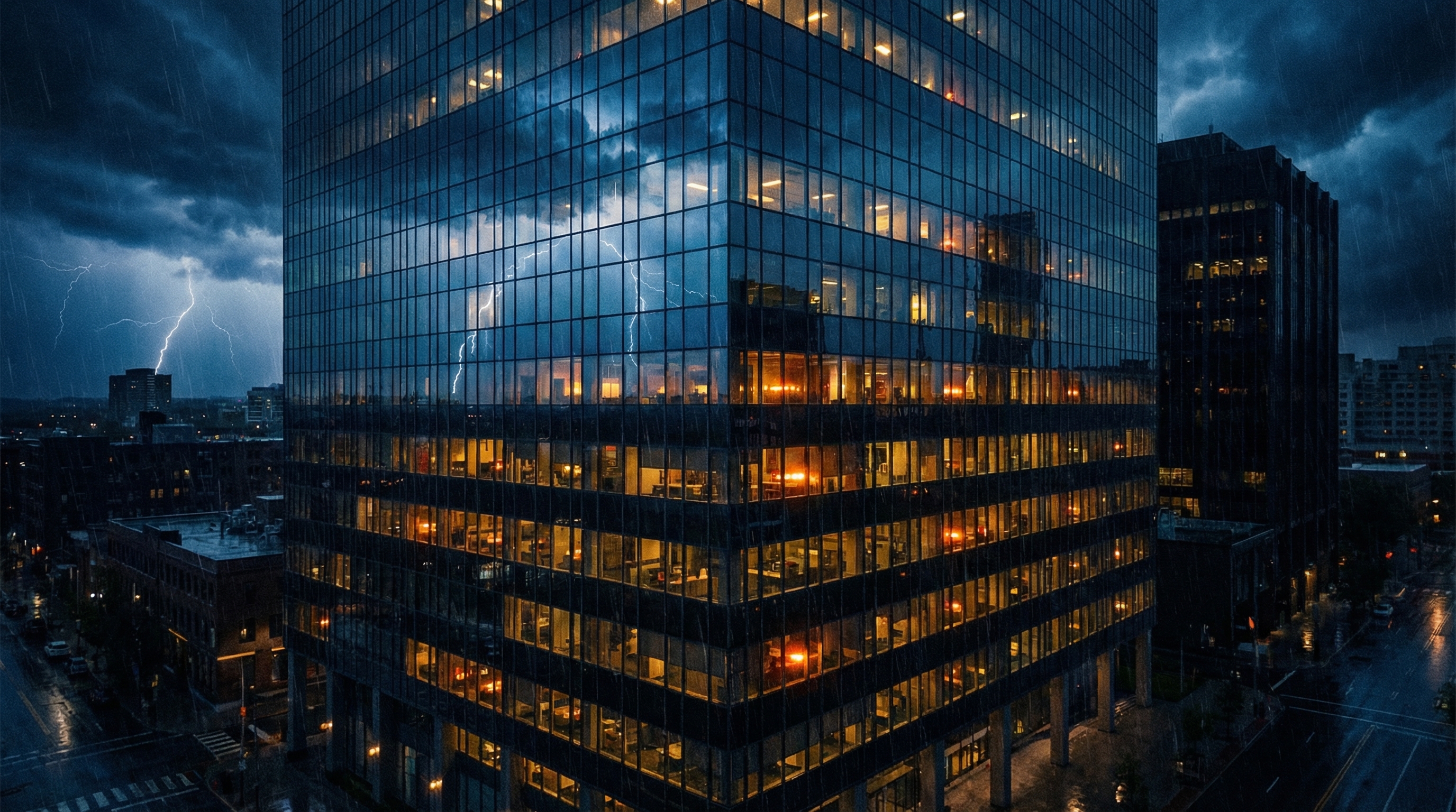 Glass office building at night with storm clouds and lightning