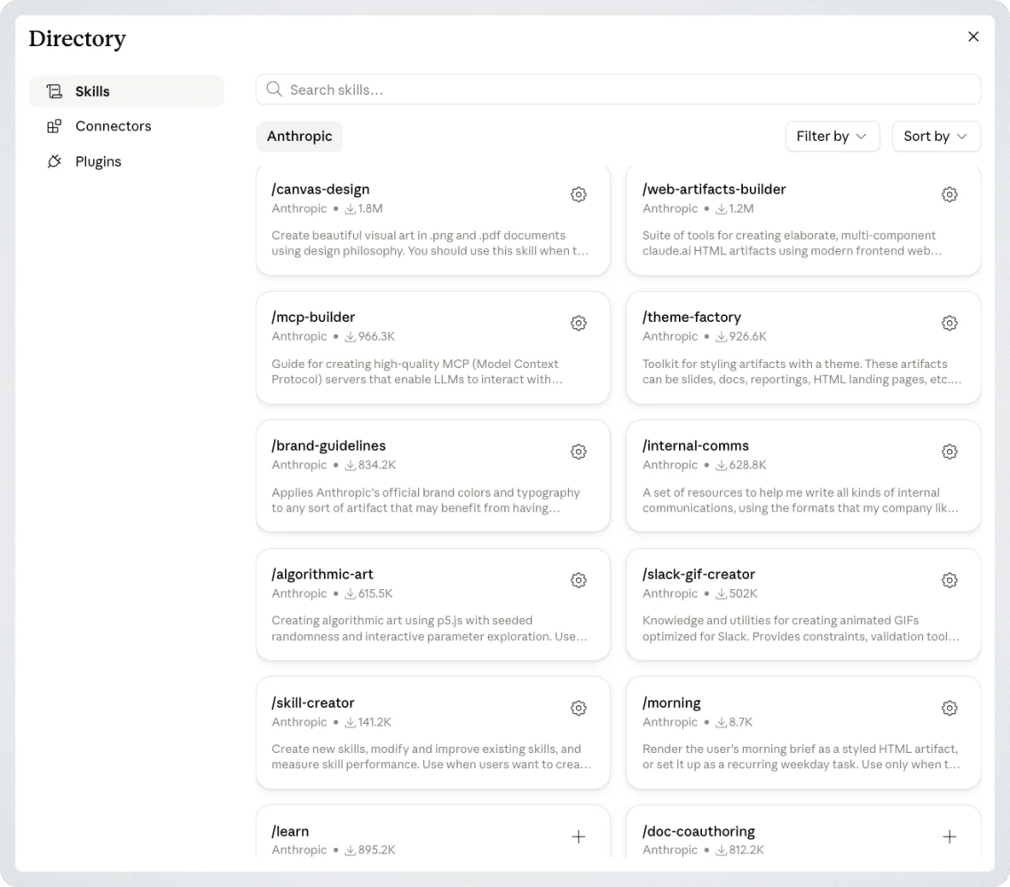 Claude's skills directory showing built-in Anthropic skills such as canvas-design, mcp-builder, brand-guidelines, and skill-creator, each with a description and an install count