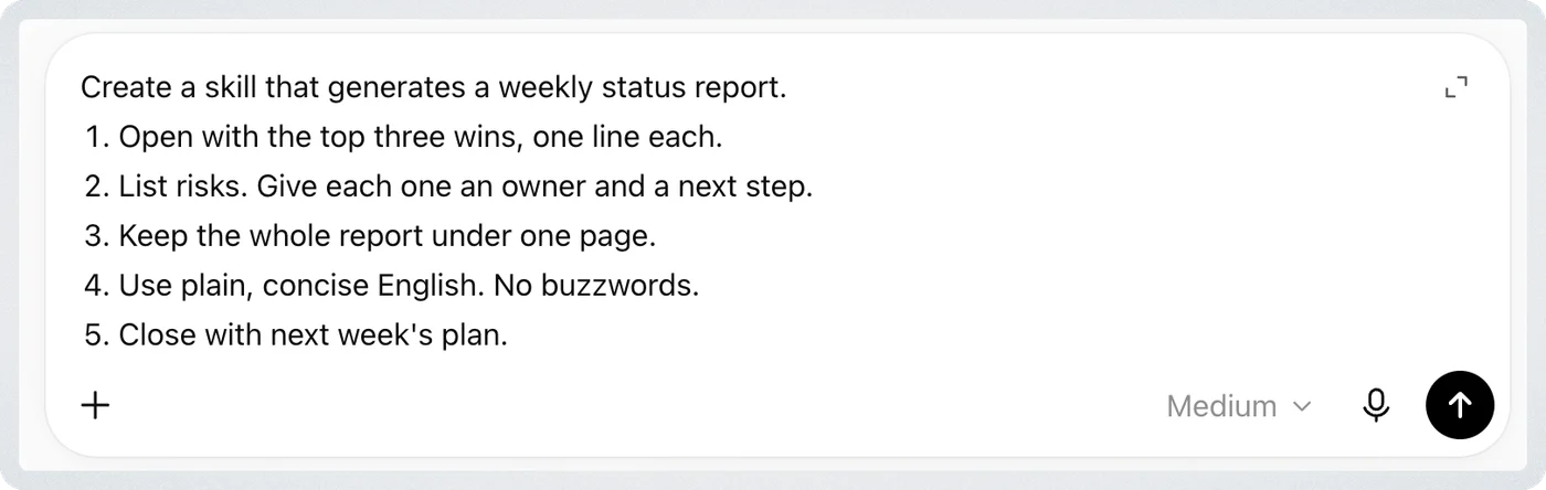 An AI chat box holding a plain-language request to create a weekly status report skill, with five numbered instructions covering the opening, risks, length, wording, and closing