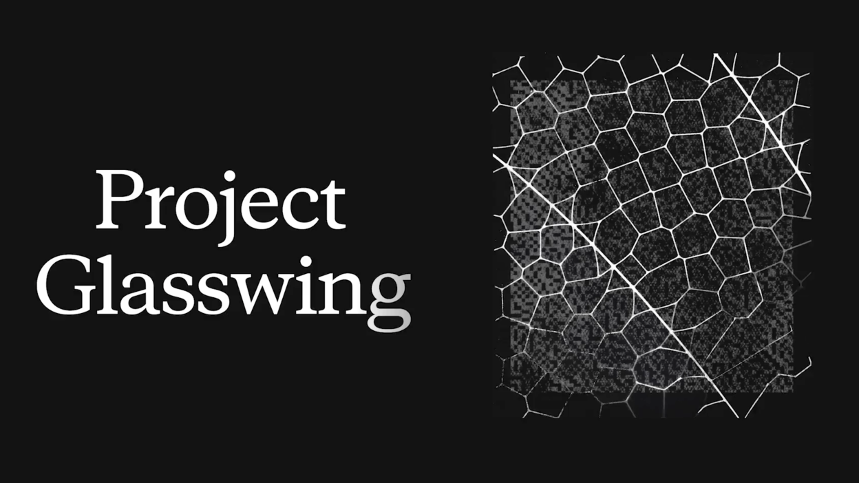 Anthropic Project Glasswing hero graphic: the words Project Glasswing in white serif on the left, and a textured hexagonal diamond pattern resembling the structure of a glasswing butterfly's wing on the right, all on a black background